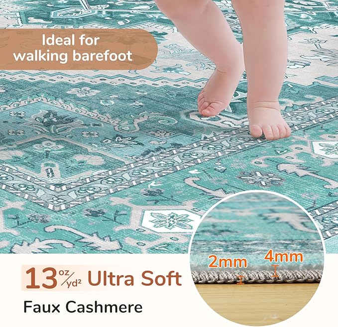 OPPODREAM Thin Area Rugs 4x6, Low-Pile Washable Rugs 4x6 with Non Slip Backing, Faux Cashmere 4 x 6 Throw Carpet, Teal & Turquoise & Cream