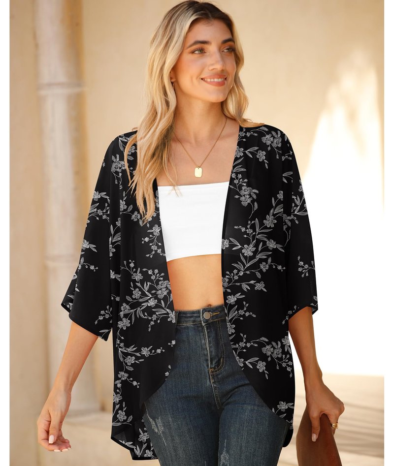 LILBETTER Womens Floral Chiffon Kimono Cardigans Loose Beach Cover Up Half Sleeve Tops(Black Leaves Large)