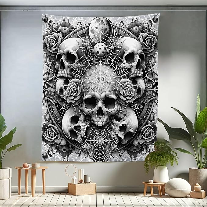 Ambesonne Gothic Tapestry King Size, Dark Tone Neo Spooky Vampire Skulls with American Traditional Roses, Wall Hanging Bedspread Bed Cover Wall Decor, 68" X 88", Pale Grey Dark Grey White