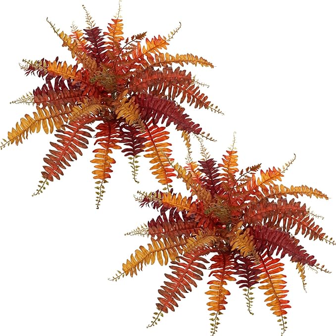 Fall Ferns Artificial Plants 2 Pack Faux Ferns for Outdoor Planter Fake Fall Leaves Stems Artificial Fern Bouquet 2Pack Autumn Shrubs for Table Centerpiece Porch Vase Home Garden Thanksgiving Decor