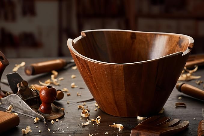Night Tree Large wooden salad bowl with serving forks mixing, wood salad bowl set for food or fruits, magnetic utensils fit for 6–8 servings, ideal to family meals or as a unique gift
