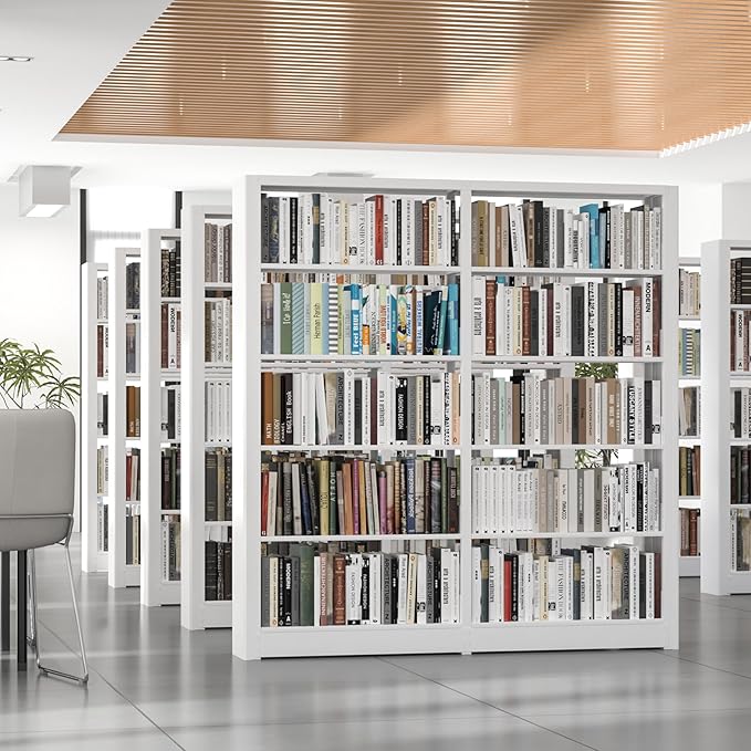 Heavy Duty 5-Tier Metal Bookshelf, Industrial Wide Book Shelf with Adjustable Shelves, 280lbs Shelf Capacity, Large Office Bookcase, Display Book Organizer for Living Room Bedroom Library -2Pcs, White