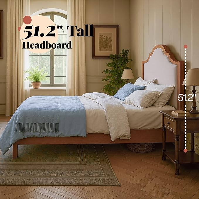 Jocisland Full Size Bed Frame with Tall Upholstered Curved Headboard, Solid Wood Platform Bed, No Box Spring Needed, Wood Slat Support, Easy Assembly, Walnut