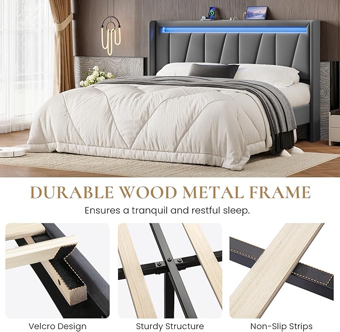 SHA CERLIN Queen Bed Frame with Charging Station and LED Lights, Modern Velvet Platform Bed with Upholstered Geometric Wingback Headboard, No Box Spring Needed, Easy Assembly, Grey