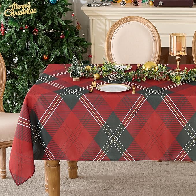 Christmas Tablecloth Rectangular 60x102 Inch Waterproof Table Cloth for 6ft, Washable Polyester Table Cover for Xmas Party, Winter Holiday Home Decoration in Festive Checkered Green 1pack