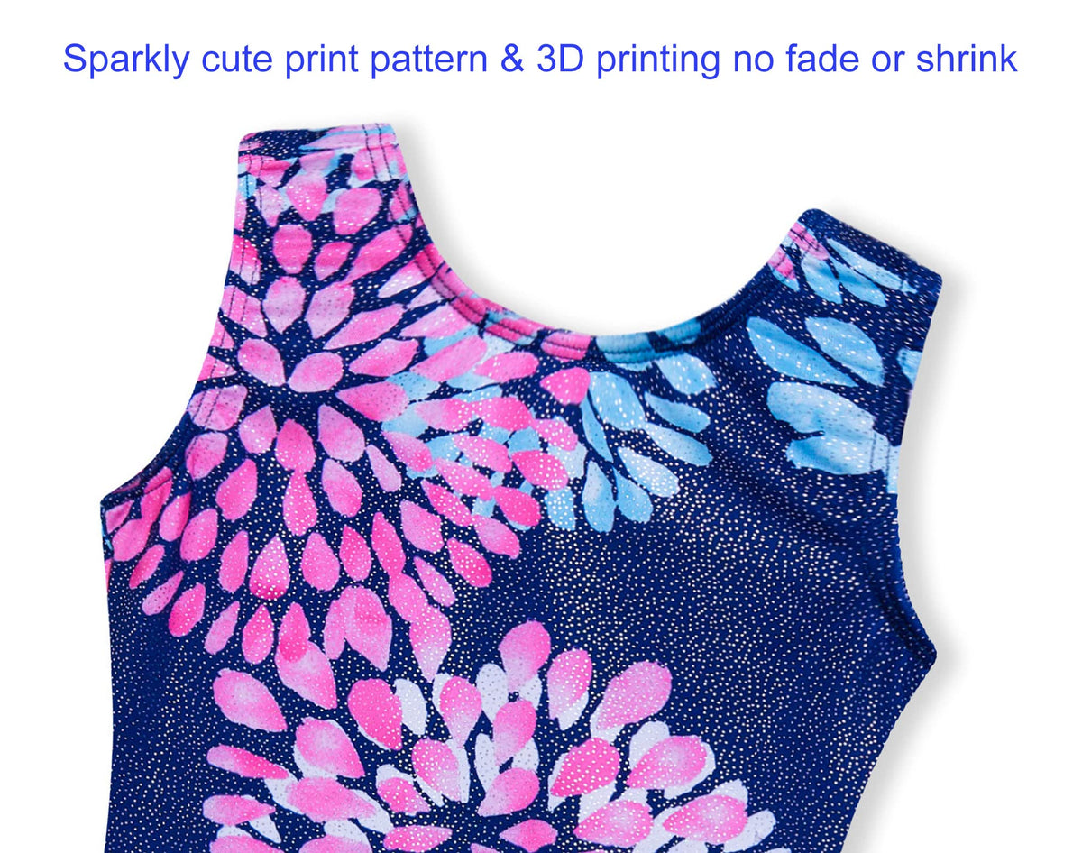Domusgo Gymnastics Leotards for Girls 3t 4t Glitter Blue Round Flowers Sleeveless Tumbling Unitard