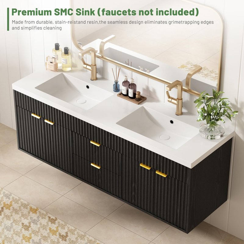 CARPETNAL 60 Inch Bathroom Vanity with Sink, Modern Fluted Large Double Sink Bathroom Vanity with Sink with 2 Storage Cabinets, Adjustable Shelf and 2 Drawers, Black