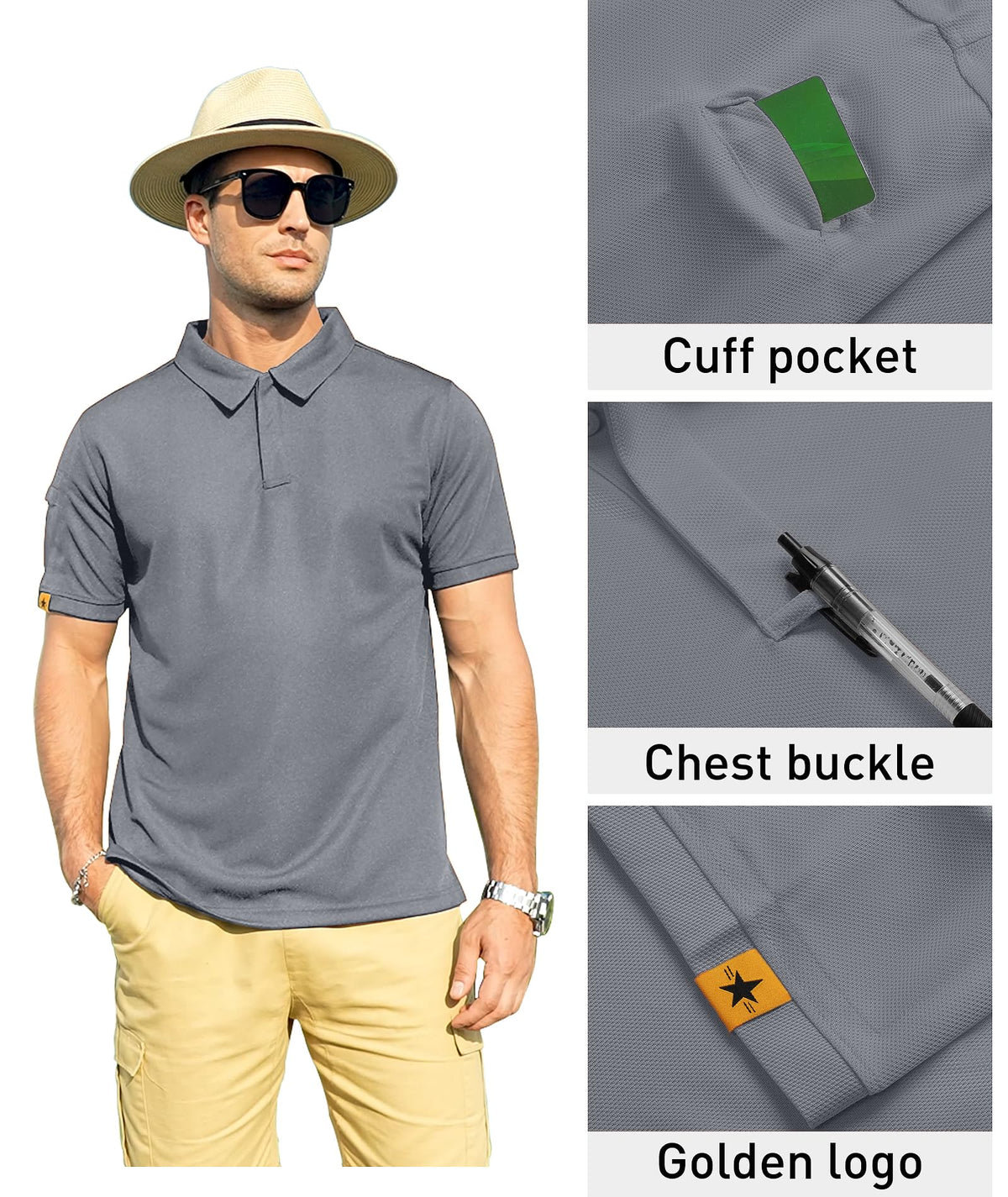 ZITY Mens Polo Shirt Short Sleeve Sports Tactical T-Shirt Athletic Golf Polos Daily Casual Stylish Collared Shirts for Men Light Grey 3X-Large