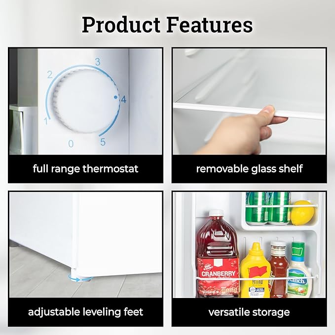 Igloo 1.6 Cu.Ft. Compact Refrigerator - Adjustable Thermostat, Glass Shelves, Includes Scraper, Ice Cube Freezer Drip Tray - White