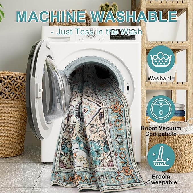 WILLSUN Washable Area Rugs, 6x9 Non-Slip Boho Large Area Rugs for Living Room, Bedroom, Machine Washable Vintage Rug, Indoor Floral Print Carpet for Home Decor, Kid & Pet Friendly Mat