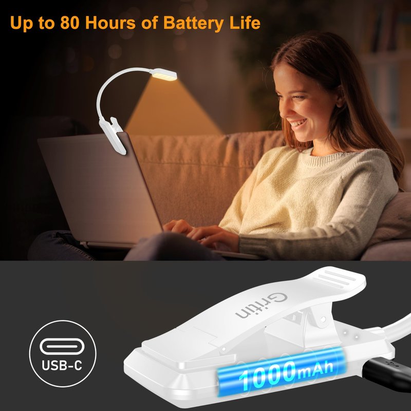 Gritin 16 LED Rechargeable Book Light for Reading in Bed- Eye Caring 3 Color Temperatures, Stepless Dimming Brightness, 80 Hrs Runtime, Lightweight Flexible Clip on Light for Book Lovers-White