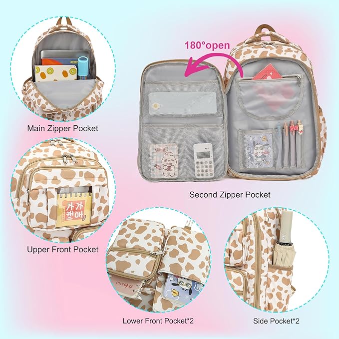 School Backpack for Girls 3Pcs Set Elementary Middle School Book Bags with Lunch Box Pencil Case