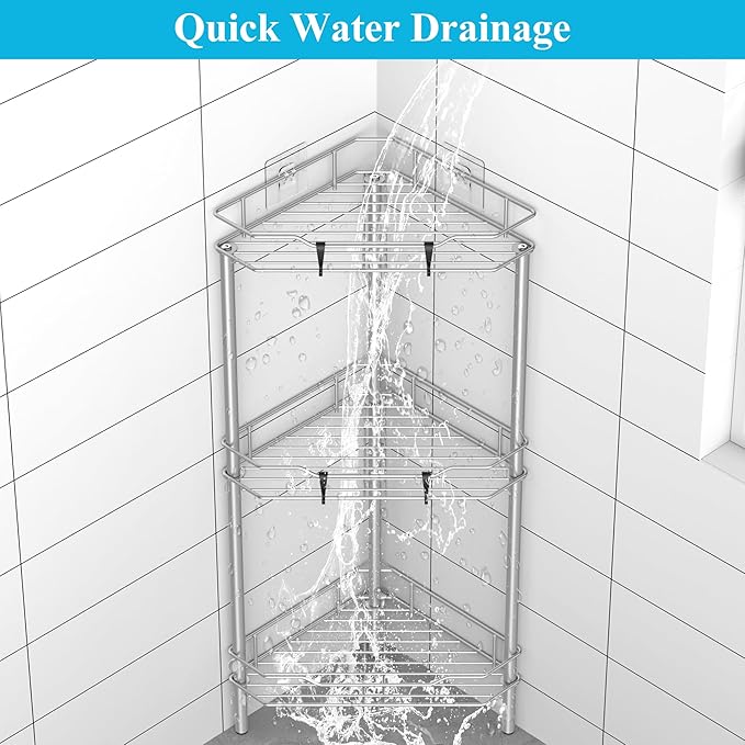 3 Tier Floor Standing Corner Shower Caddy Organizer Shelf with Hooks, Bathroom Shelves Stand Rack, Gray