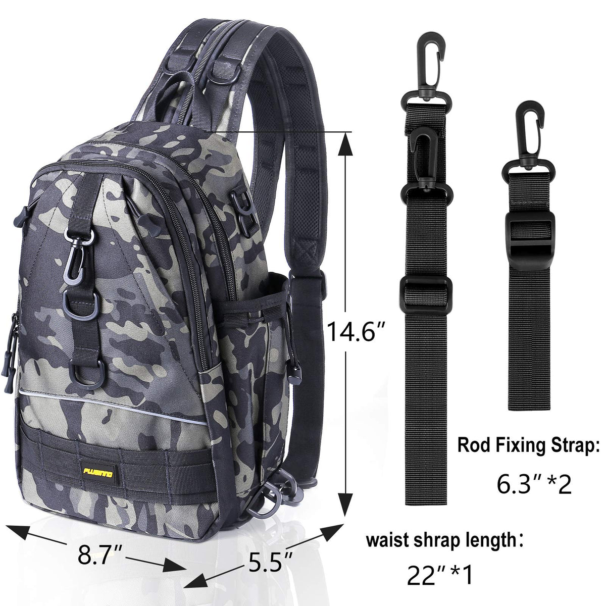PLUSINNO Fishing Tackle Backpack Storage Bag，Outdoor Shoulder Backpack，Fishing Gear Bag，Water-Resistant Fishing Backpack with Rod Holder (Standard(14.6*8.7*5.5 inch)-Black CP)
