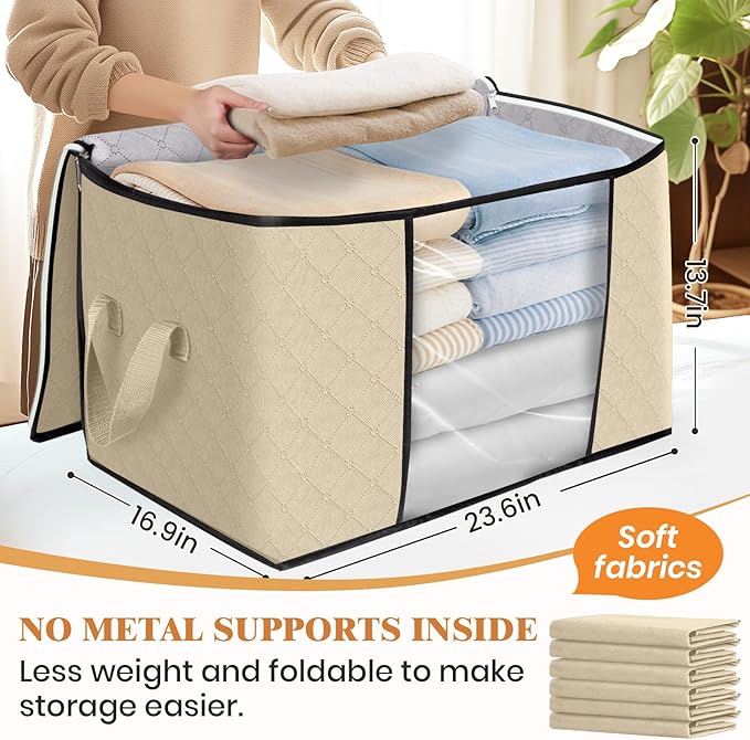 Fab totes 24 Gallons Clothes Storage, Foldable Thick Fabric Blanket Storage Bags, Containers for Organizing Bedroom, Closet, Clothing, Comforter, Organization with Handle (8 Pack,Beige)