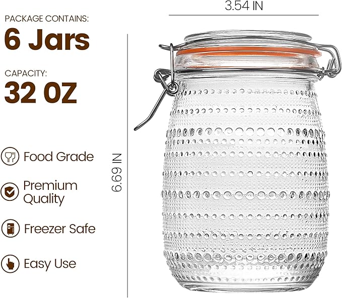 WACOI 32 Oz Glass Mason Jars with Airtight Lids 6 Pack, Wide Mouth Canning Jars with Clip Top Lids for Kitchen Storage Pickling Salad Jams Coffee Beans