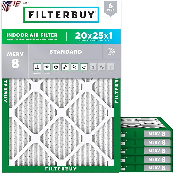 Filterbuy 20x25x1 Air Filter MERV 8 Essential Dust & Allergy Defense,