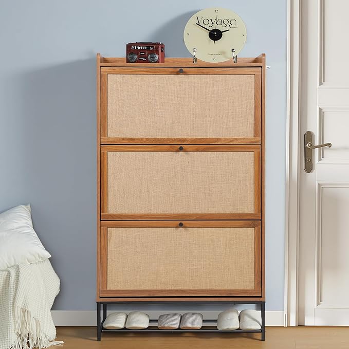 LEVNARY Shoe Storage Cabinet with 3 Flip Drawers, Freestanding Shoe Cabinet Storage Organizer for Entryway, Wooden Narrow Shoe Racks Cabinet with Metal Legs for Hallway (Walnut)