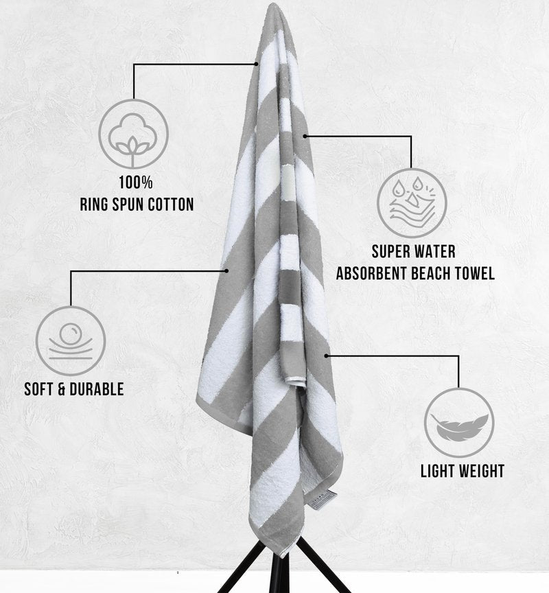 Utopia Towels Pack of 4 Cabana Beach Towels, Oversized 30 x 60 Inches Cotton Beach Towel Set, Smooth Ring Spun Texture for Pool and Swim Days, Modern Striped Design Bath Towels, Grey