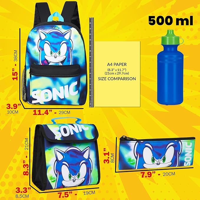 Sonic The Hedgehog Backpack Set 4 Pcs with Insulated Lunch Bag Water Bottle Pencil Case Shadow School Supplies Gift for Kids (Sonic 4 Pcs Set)