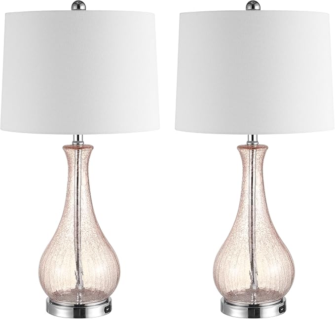 SAFAVIEH Lighting Collection – Finnley Modern Light Blush Crackle Glass 28-Inch Table Lamp, LED Bulb Included, Bedroom Living Room Home Office Nightstand Desk (TBL4206C)