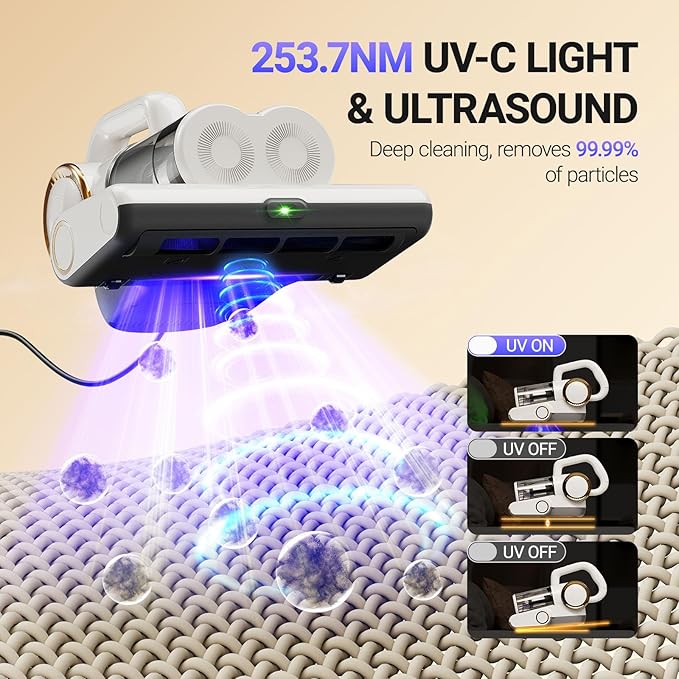 FEPPO Mattress Vacuum Cleaner, 16Kpa Bed Vacuum Cleaner with 253.7nm UV-C Light, 140°F Heat, HEPA Filter & Ultrasonic, Versatile Handheld Vacuums for Bed, Sofa, Couch, Crib(Corded, 500W)