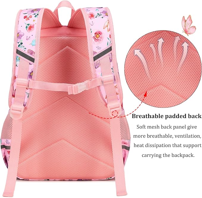 DSIUE Kids Backpack for Girls Elementary BookBags Teens Middle School Backpack with Lunch Box Butterfly Pink