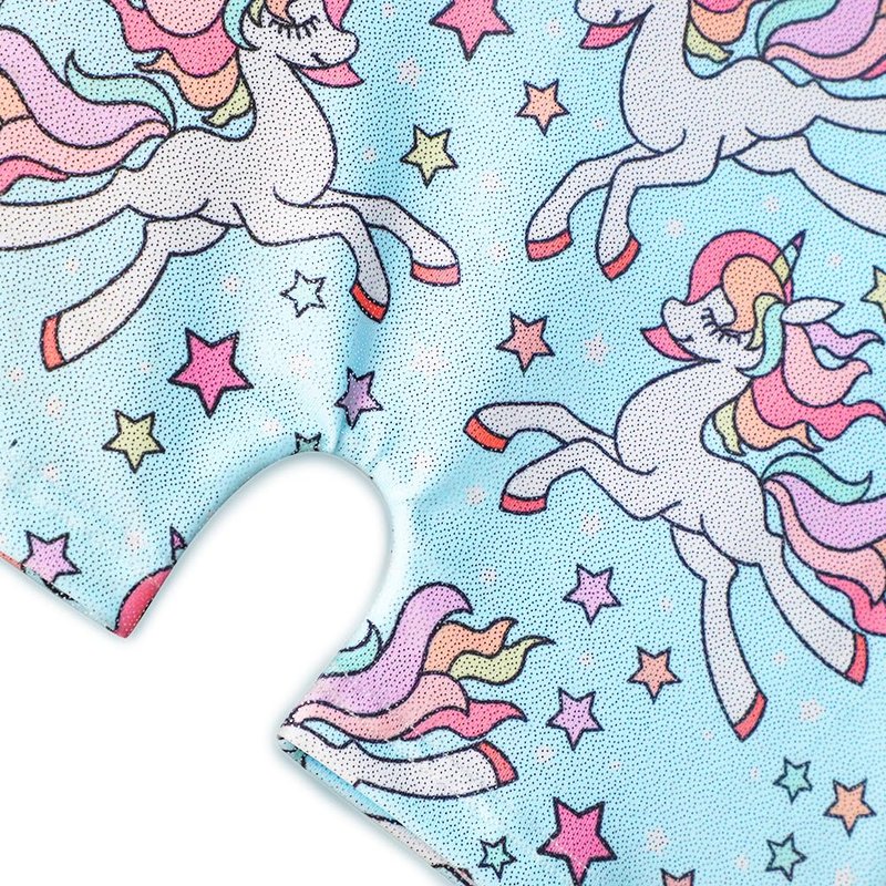 HOZIY Unicorn Leotards With Shorts for Girls Gymnastics Size 7-8 Year Old Sky Blue Rainbow Stars Sparkly Kids Leo Unitard Tumbling Outfits Biketard Ropa Gimnasia Para Niña