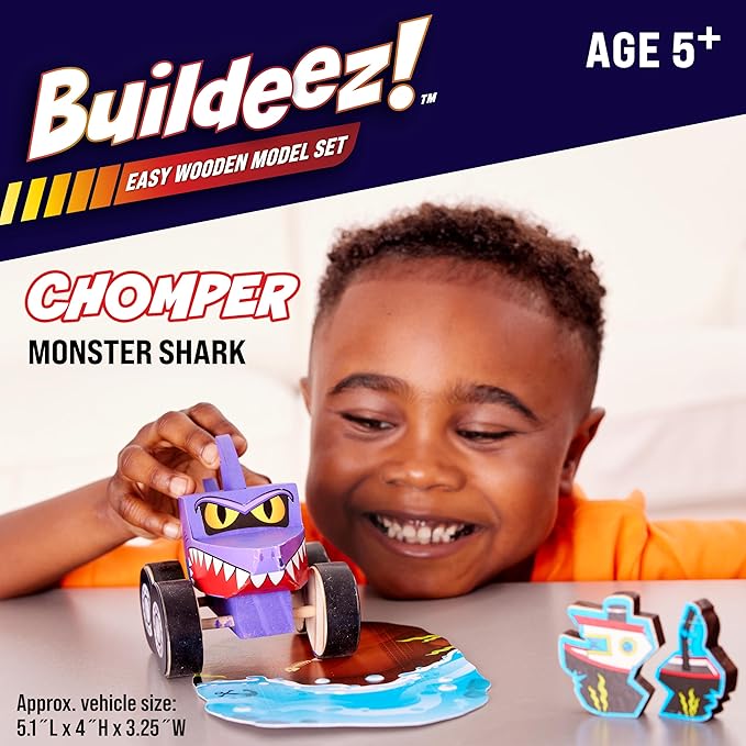 Creativity for Kids Buildeez! Easy Wooden Model Set: Monster Shark Truck, Chomper - Arts and Crafts for Kids, STEM Kids Building Kit, Monster Truck Toys for Boys (Ages 5+)