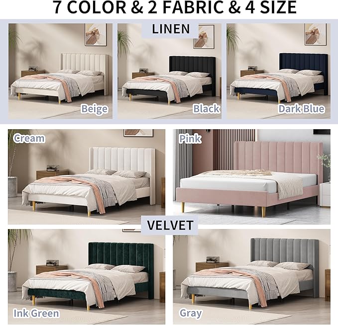 Full Size Upholstered Platform Bed Frame with Modern Wingback & Vertical Panel Headboard, Linen Fabric, Wooden Legs & Slats Support, No Box Spring Needed, Noise-Free & Easy Assembly, Black