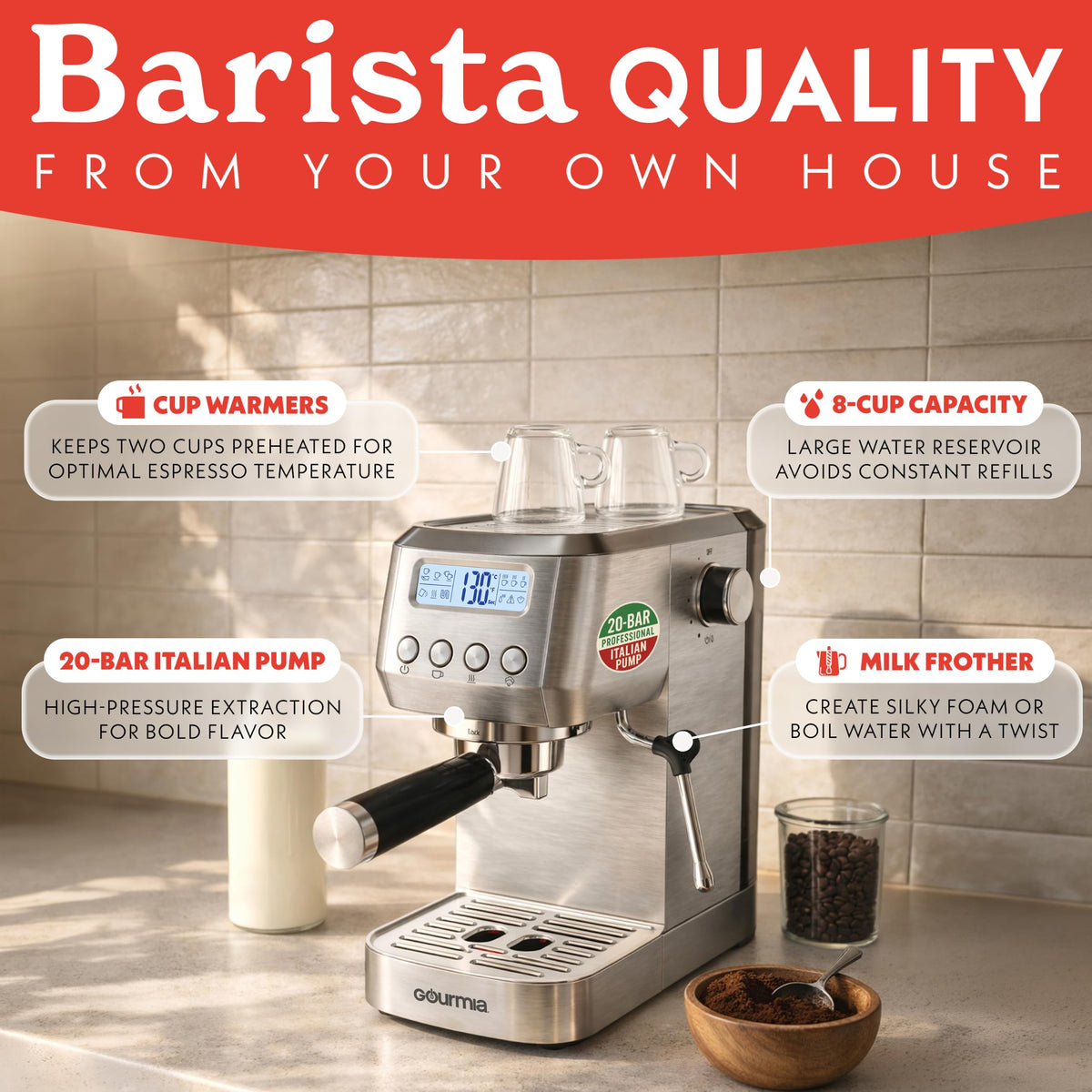 Gourmia Slim Espresso Machine with LCD Screen - Milk Frother, Adjustable Temperature, Manual & Auto Brew, Single/Double Shot, Hot Water Dispenser, Descaling Mode, Compact