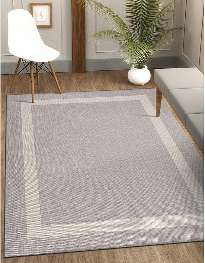 CAMILSON Outdoor Rug 8x10,Modern Outside Rugs for Patios Porches Waterproof Durable Washable Non-Shedding, Easy-to-Clean Indoor Outdoor Area Carpet (8 x 10, Bordered - Gray/White)