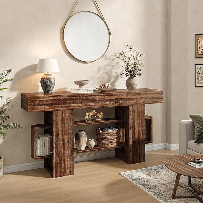 Feonase 63 Inches Long Console Table for Entryway, Wooden Sofa Table Behind Couch with 3-Tier Storage, Farmhouse Narrow Entry Hallway Table for Living Room Foyer Entrance, Rustic Brown