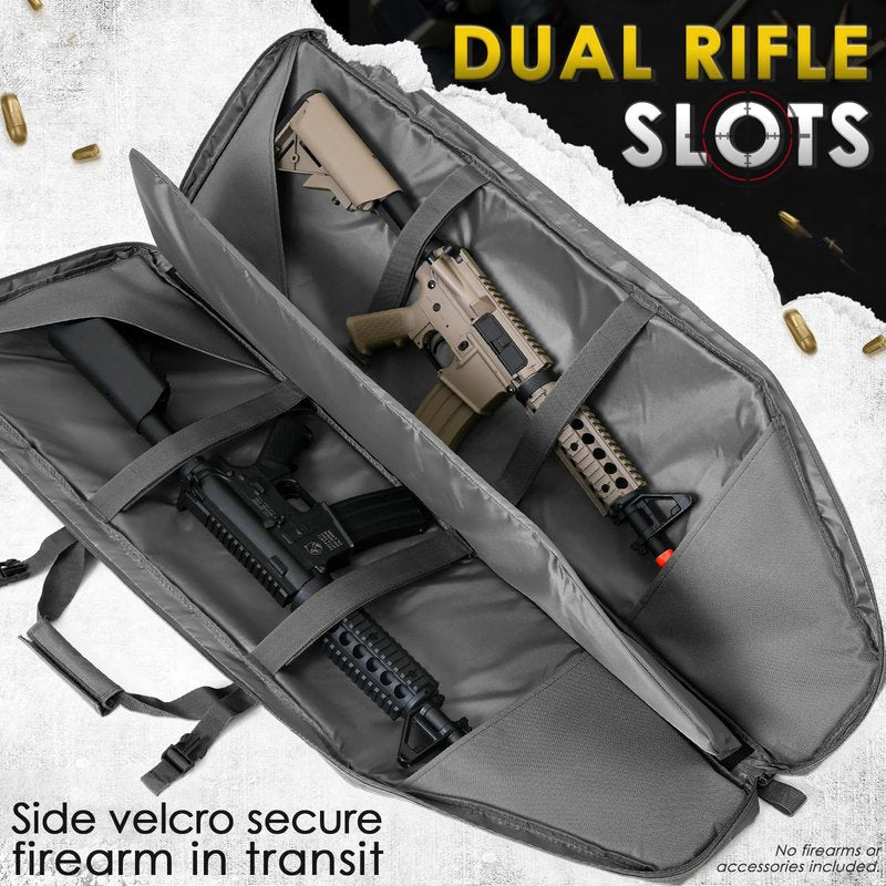DULCE DOM Double Rifle Case 42'' Soft Gun Bag Tactical Backpack with Movable Divider for Hunting Shooting Range, MOLLE System Multiple Magazine Pouches & Accessory Bags (GREY)