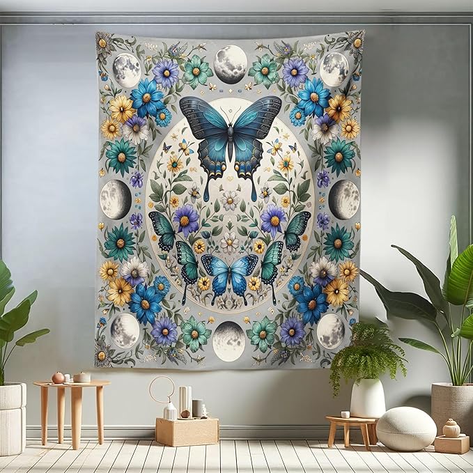 Ambesonne Boho Tapestry Twin Size, Wreath of Colorful Flowers with Moon and Butterfly Pattern Witchy Scenery, Wall Hanging Bedspread Bed Cover Wall Decor, 68" X 88", Sea Blue Pale Grey Teal