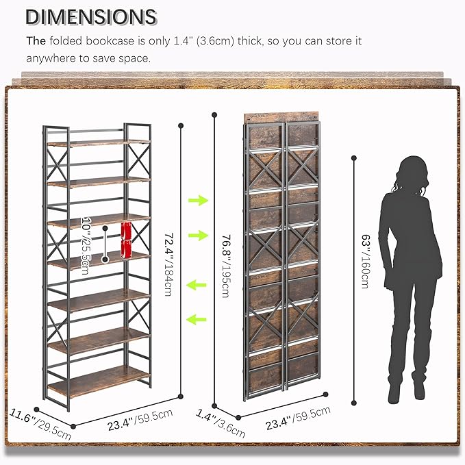 4NM 7 Tiers No Assembly Book Shelves, 72.4" H Folding Bookshelf Bookcase Open Industrial Foldable Shelves for Bedroom, Living Room, Home Office - Rustic Brown Black