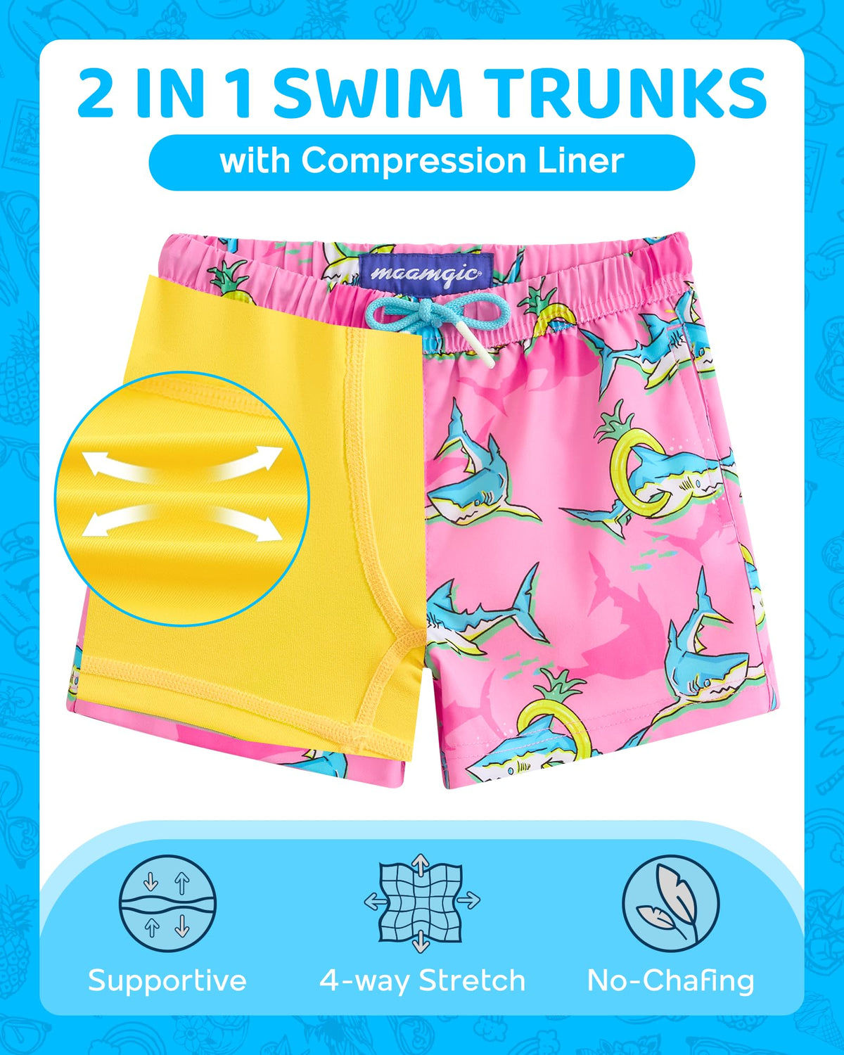 maamgic Boys Swim Trunks with Compression Liner 4-Way Stretch Quick Dry Bathing Suit Toddler Beach Shorts Peach Pink Shark 3T