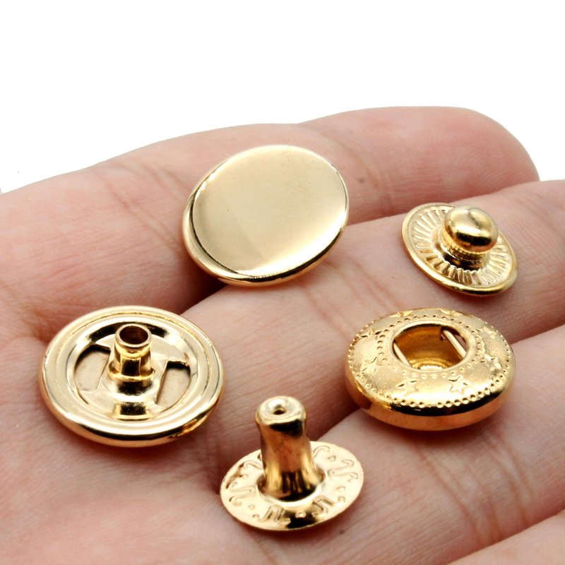 Raydodo 12 Set Leather Snap Fasteners Kit, 15mm Metal Snap Buttons Kit Press Studs with 4 Install Tools, Rivets and Snaps for Clothing, Jeans, Jackets, Bracelets, Bags (Gold)