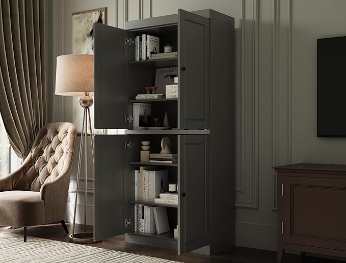 Palace Imports Solid Wood Bookcase - 6-Tier Bookshelf, 71.5” H - Gray, Wooden Cabinet Doors & Adjustable Shelves, Tall Bookcase for Living Room, 100% Renewable Eco-Friendly Wood, Made in Brazil