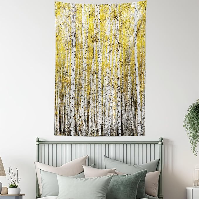 Ambesonne Forest Tapestry, Autumn Birch Forest Golden Yellow Leaves Woodland October Seasonal Nature Picture, Fabric Wall Hanging Decor for Bedroom Living Room Dorm, 30" X 45", Yellow Grey