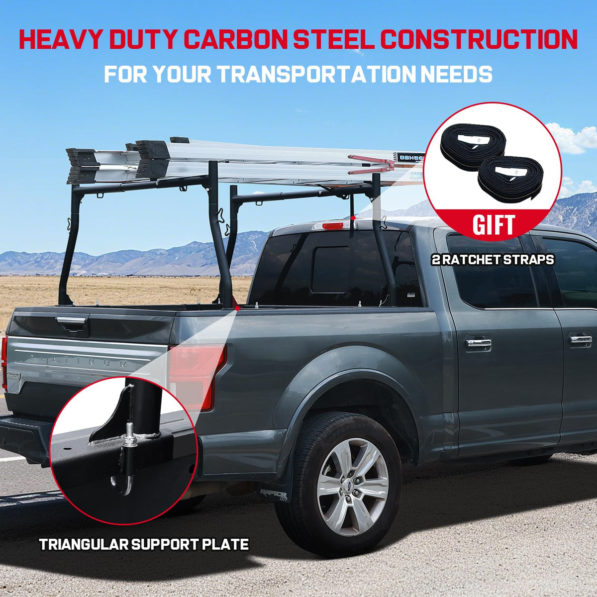OTHOWE Truck Ladder Rack for Most Trucks - Universal Non-Drilling 46''-71'' in Width Truck Bed Rack with 800lbs Loading Capacity, Overland Ladder Rack for Kayak, Surfboard, Lumber, Ladder and More