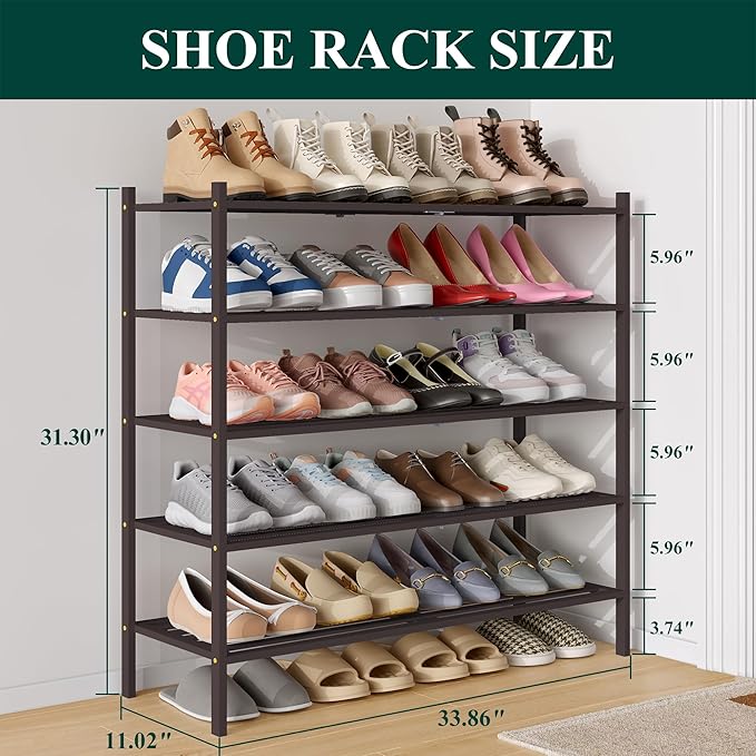 Smiry Long Bamboo Shoe Rack 5-Tier, Stackable Wooden Shoe Organizer for Entryway & Closet, Free Standing Wood Shoe Storage Shelf for Front Door & Small Spaces, Brown