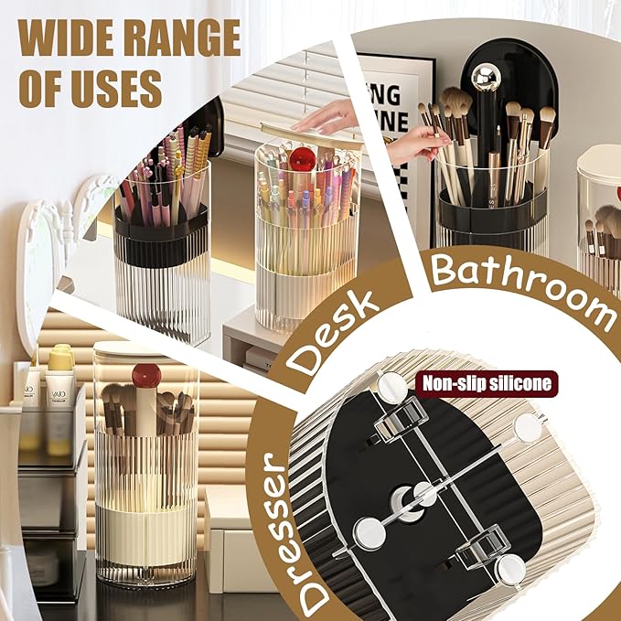 Makeup Brush Holder with Lid, One-Hand Press Open/Close Mechanism Cosmetic Tools Organizer, Clear Waterproof Dustproof Make Up Storage for Vanity, Bathroom Countertop-Black-Red Ball