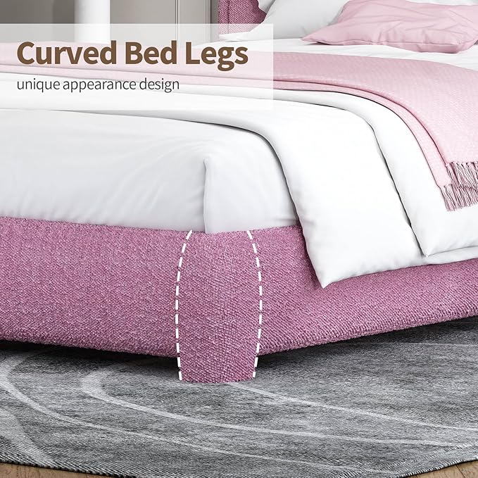 BarnFurin Full Size Bed Frame with Headboard, Boucle Upholstered Platform Bed Frame, Modern Style, Soft Rounded Corners, No Box Spring Required, Easy Assembly, Rose Pink