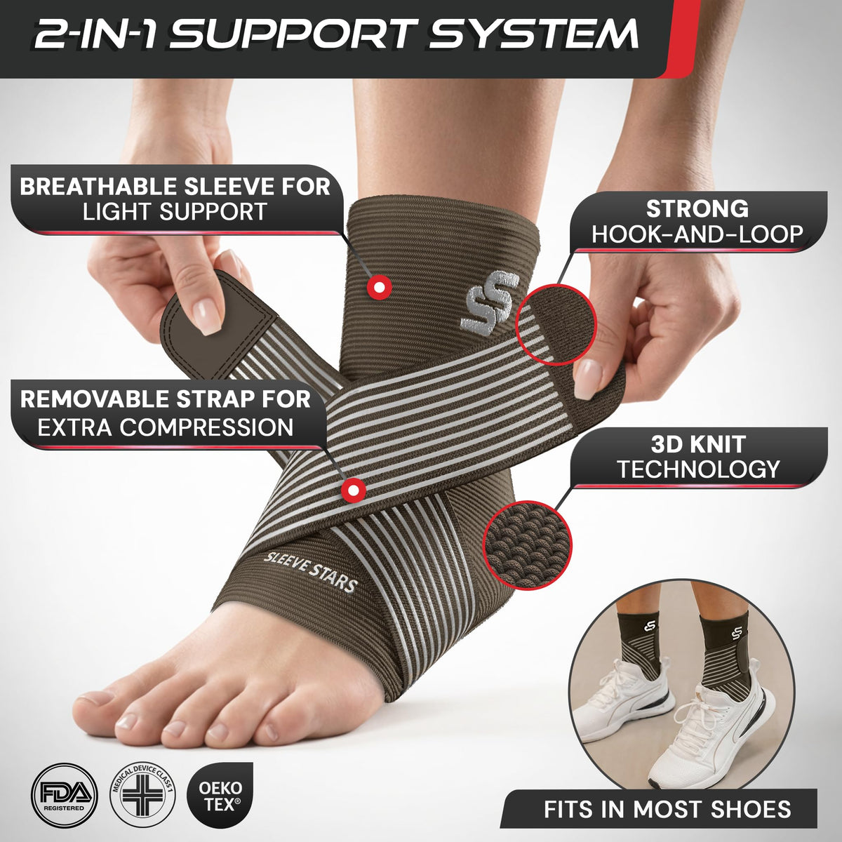 Sleeve Stars Ankle Brace for Women & Men, Ankle Wrap for Sprain, Compression Sleeve for Plantar Fasciitis Relief, Easy Customizable Support: w/ Removable Strap (Pair/M:10"-12"/Dark Brown)