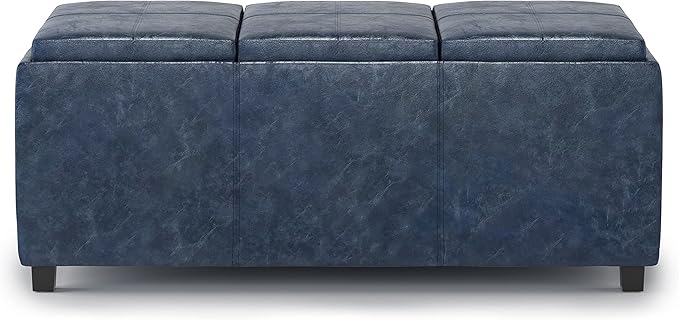 SIMPLIHOME Avalon Storage Ottoman - 42 inch Wide Upholstered Vegan Leather Rectangular Flip-Top Ottoman in Denim Blue, Contemporary Coffee Table Ottoman for Living Room with Hidden Storage