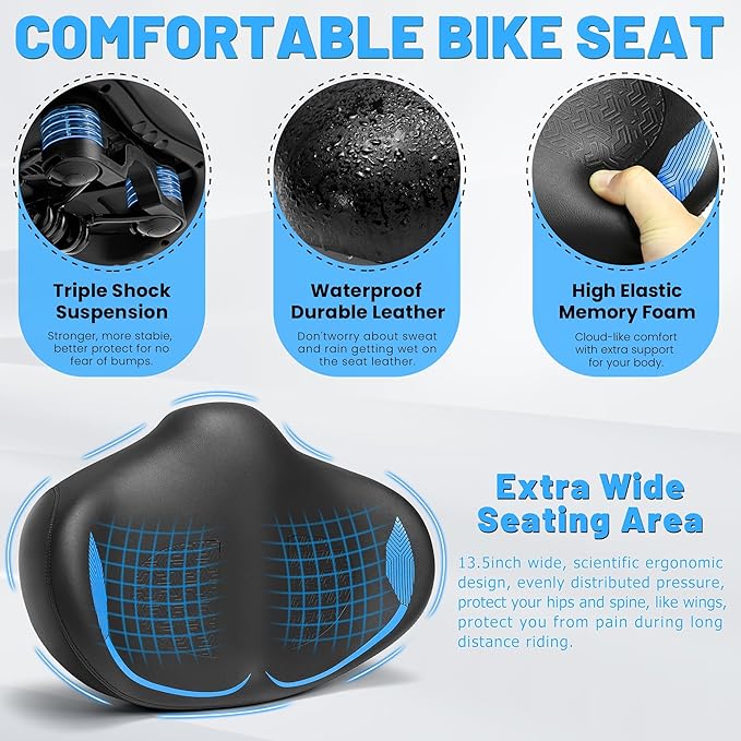 Noseless Oversized Bike Seat for Men Women Comfort, Extra Wide Padded Bicycle Seat Cushion, Large Comfortable Bike Saddle for Peloton, Stationary Exercise Bike, Beach Cruiser, City Bike, Ebike