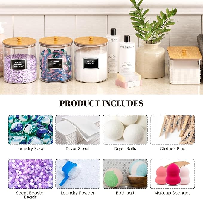 HomePekite 4 Pack Glass Laundry Pods Container, Clear Laundry Room Organization Containers with Lids & Labels, Powder Laundry Detergent Container for Scent Booster, Powder