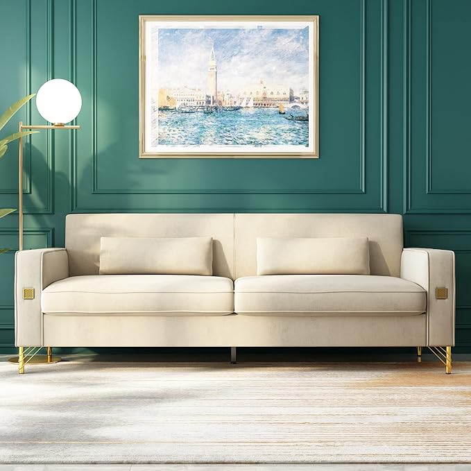 85.63" Velvet Sofa,Modern Loveseat Couch with Pillows Set of 2 for Living Room,Bedroom,Apartment Furniture with Gold Metal Legs (Beige)