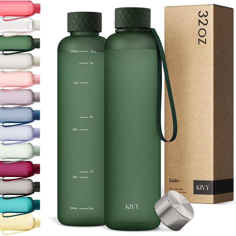 KIVY Slim Water Bottle 32oz [Lightweight & Shatterproof] Fits Backpack & Cupholder for Travel, Sports, School, Gym - Dark green - Gym water bottle screw top - Dishwasher Safe